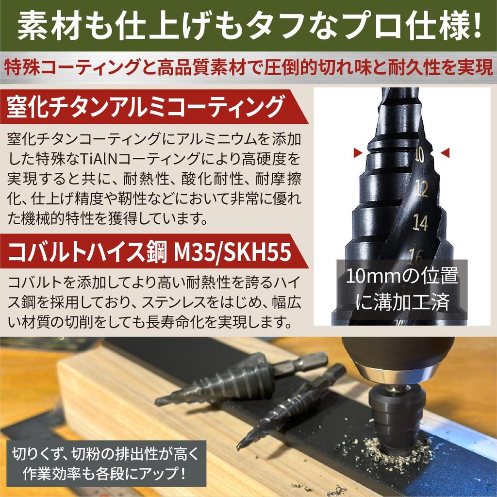 Nesect Step Hex Titanium Impact Compatible in Drill, 6.35mm Shank, Coated, [Made Japan] (2-Flute, 4-12mm, 5-Step)