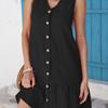 Plussstørrelse Ensfarget V-hals Ermeløs Kjole med Volangkant Dame Sommer Knapp foran Sommerkjole Kvinnelig Casual Løse Korte Kjoler