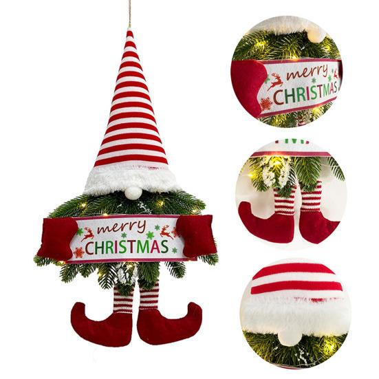 Yousheng Lighted Christmas Gnome Wreath Artificial Pine Spruce Wreath for Front Door Swedish Tomte Hanging Sign for Xmas Porch Indoor Outdoor Home