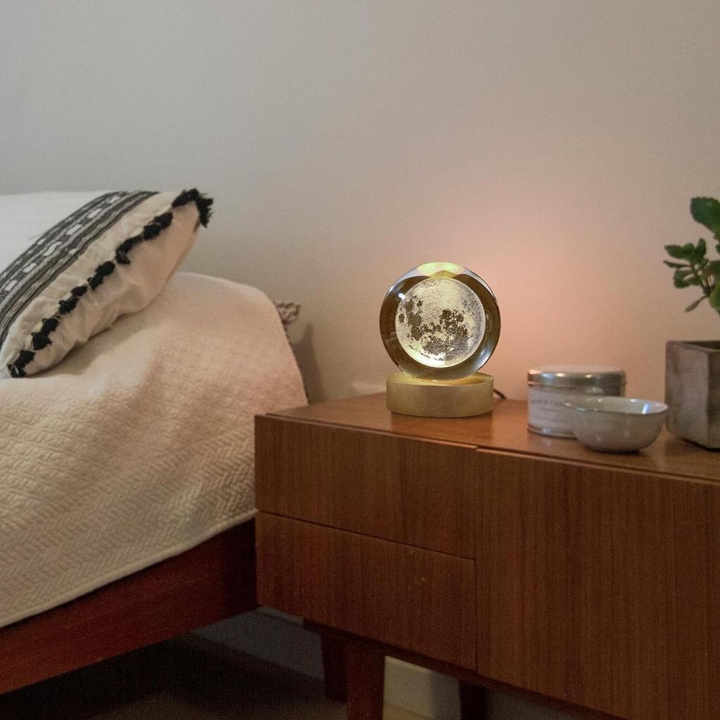 Moon Crystal Ball Night Light, Glass Ball Night LED Lamp with Woodern Base,Decorations Gifts for Men,Women,Kids,Boys,Girls | Gifts for Woman