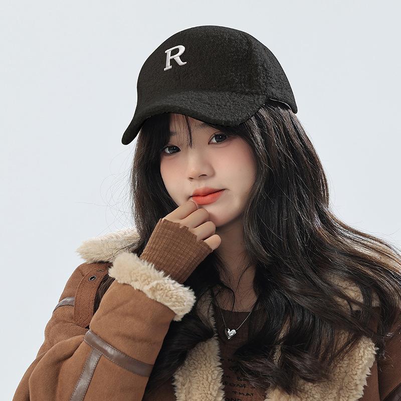 Letter Plush Baseball Cap Women Winter Warm Thicken Lamb Fleece Peaked Hat Solid Color Adjustable Female Duck Tongue Caps