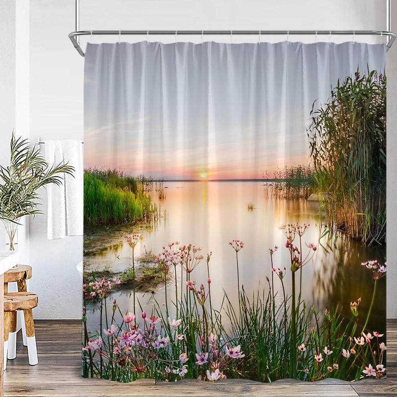 Autumn Landscape Shower Curtains Red Maple Trees Pavilion Arch Bridge Park Nature Scenery Home Bathroom Decor Bath Curtain Set