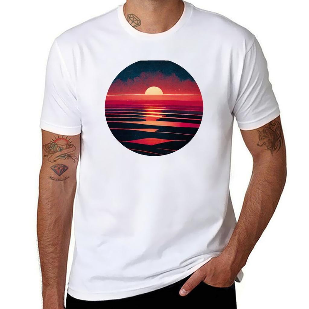 80s Synthwave Sunset Red Sea Vintage Meditative Art Tshirt Quick Dry Fishing Tshirt