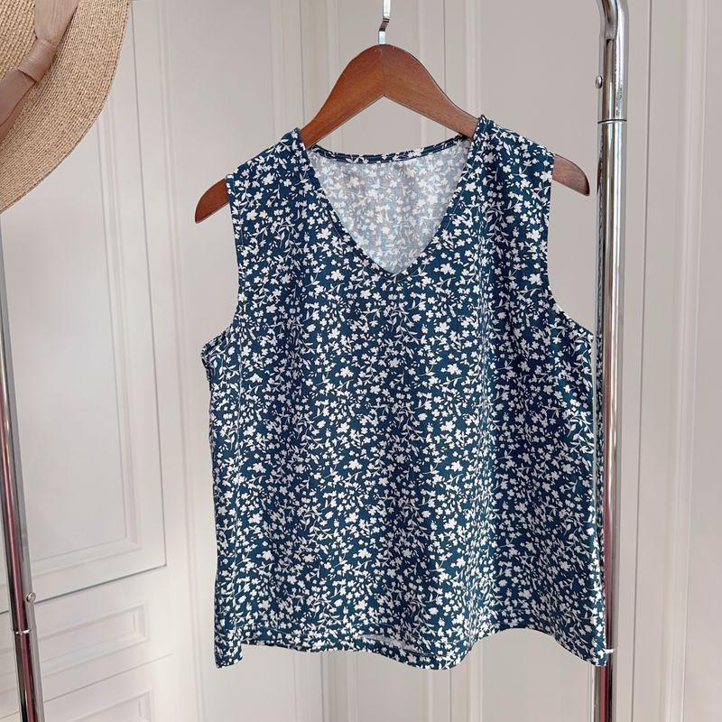 

Rabbit s Homemade Women s V-neck Vest Vest Opaque All-Matching Sleeveless Tops Casual Loose Minimalist Vest Single-layer plain floral hemp Cotton L