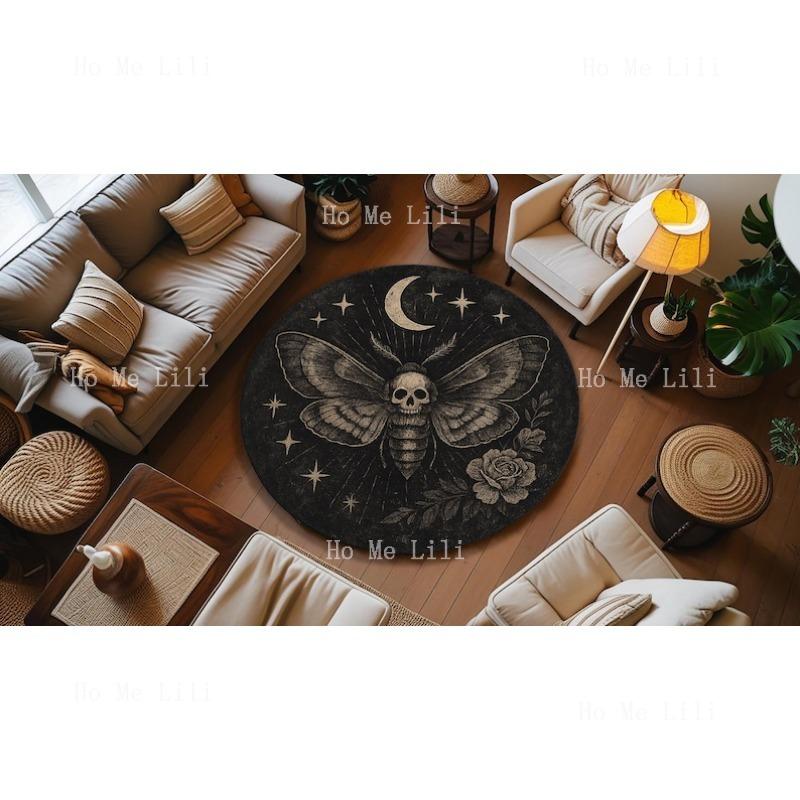 Gothic Death Moth Rug With Moon And Skull Design Witchy Round Carpet Occult Room Decor Dark Aesthetic Floor Mat For Spiritual
