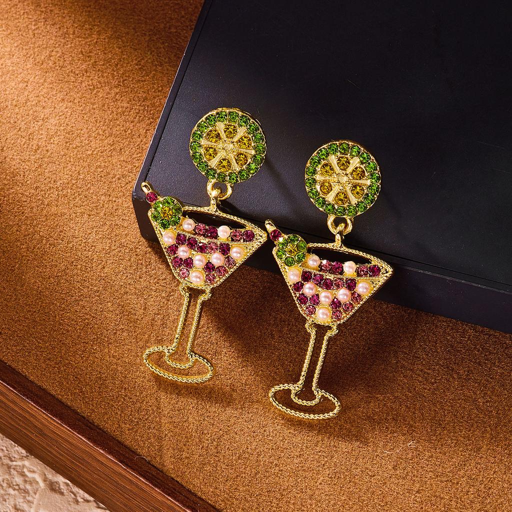Design Sense Shiny Zircon Lemon Wine Glass Earring for Women Light Luxury Colorful Rhinestone Pearl Dangle Earring Charm Zircon