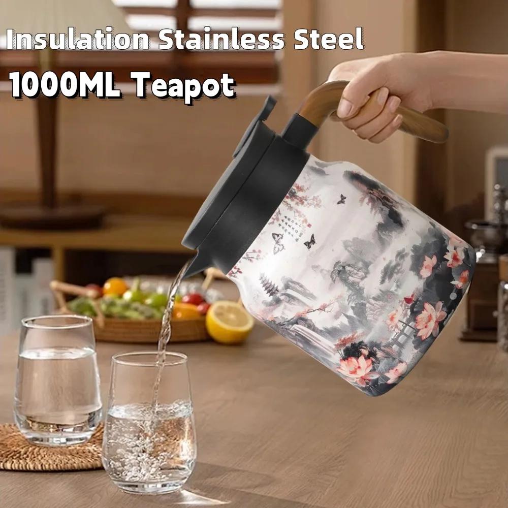 1000ML Double-Layer Vacuum Insulation Tea Pot Floral Pattern Stainless Steel Teapot Built-in Infuser Water Kettle for Hot Drinks