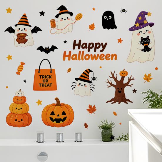 Quick Transformation Home Ornaments Halloween Wall Stickers, Cute Ghost And Pumpkin Print Decals, Peel Stick Seasonal Art Removable PVC DIY