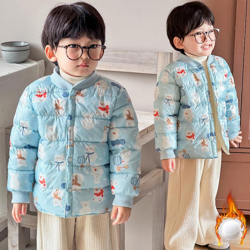 Boy's Warm Cotton-padded Clothes Foreign Style Winter Baby Boy Thickened Short Cotton-padded V-neck Jacket Children's Autumn Cute Cartoon Print Coats