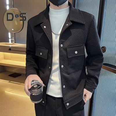 Men Jacket Lapel Long Sleeve Flap Pockets Single Breasted Jacket Coat Solid Color Striped Jacquard Pattern Outwear