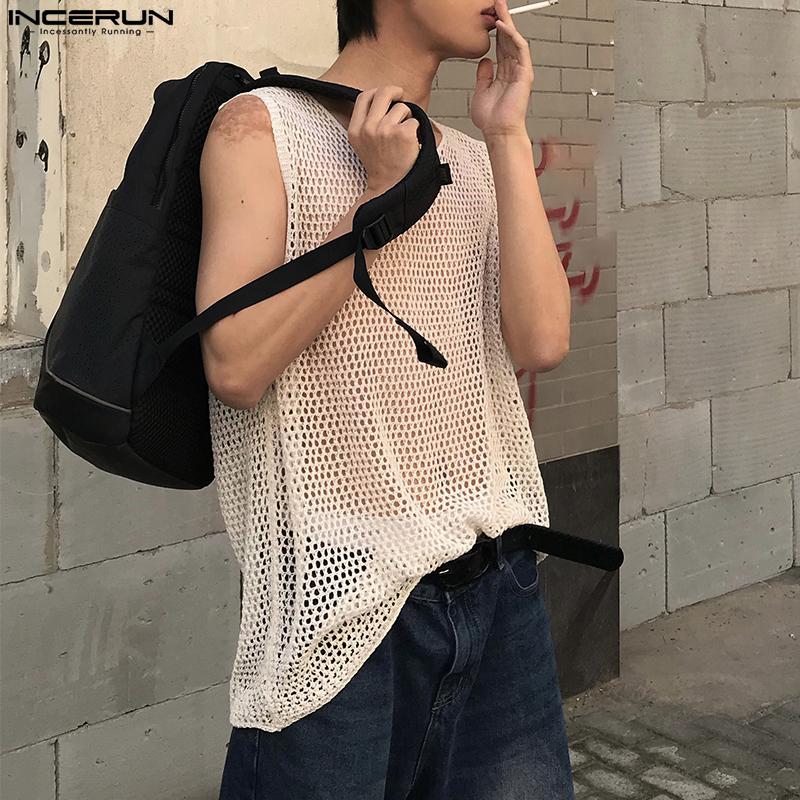 

INCERUN Летние мужчины сетчатые полые видны сквозь майки