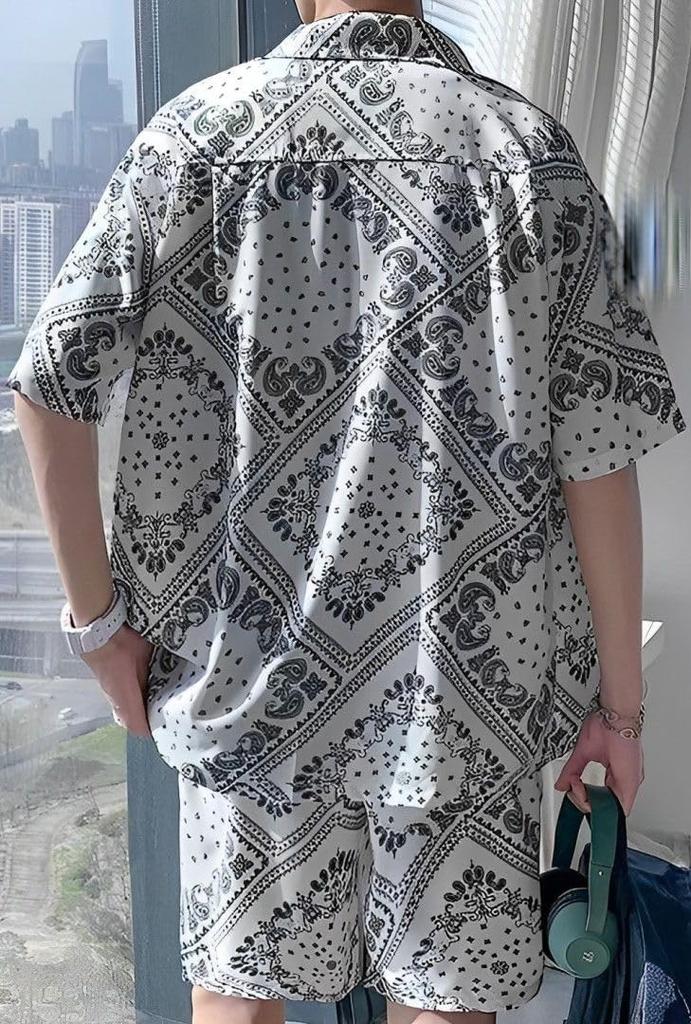 Paisley Pattern Short Sleeve Shorts Top and Bottom Set Street Style Collared Shirt and Shorts Set Short Sleeve Set Setup 2 Piece Set Patterned Shirt