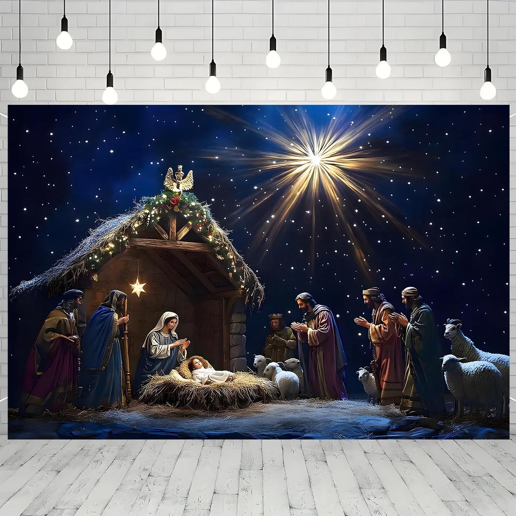 1 Piece Classic Nativity Scene Christmas Background Banner - Detailed Illustrations of Mary Joseph and Jesus