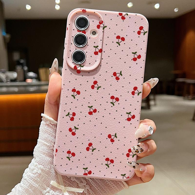 Litte Cherry Pattern Leather Texture Plain Color Shell for Samsung S25 Ultra S24 Fe S23 S22 A56 A16 A15 A55 Soft Silicone Shockproof Matte Case