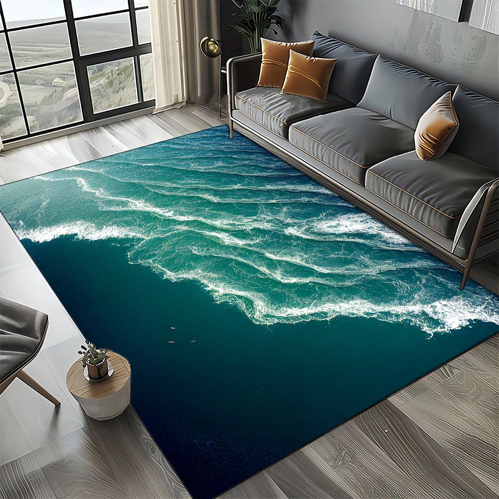 2025 New Style Blue Green Seawater Sea Wave Scenery Carpet Rug for Living Room Bedroom Home Sofa Decoration,Non-slip Floor Mat