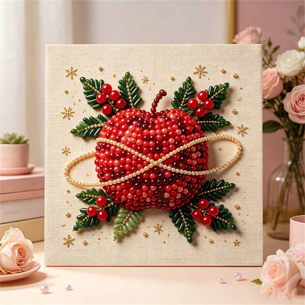 DIY 5D Pearl Painting Kit Framed with Festive Christmas Apple and Holly Design Sparkling Bead Canvas Art Creative Gift for Nursery Room Decor