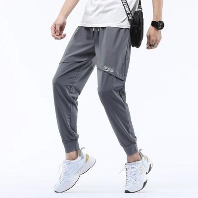Summer Ice Silk Thin Mesh Casual Pants Men's Air Conditioner Harlan Tied Feet Gray Sports Nine-point Pants