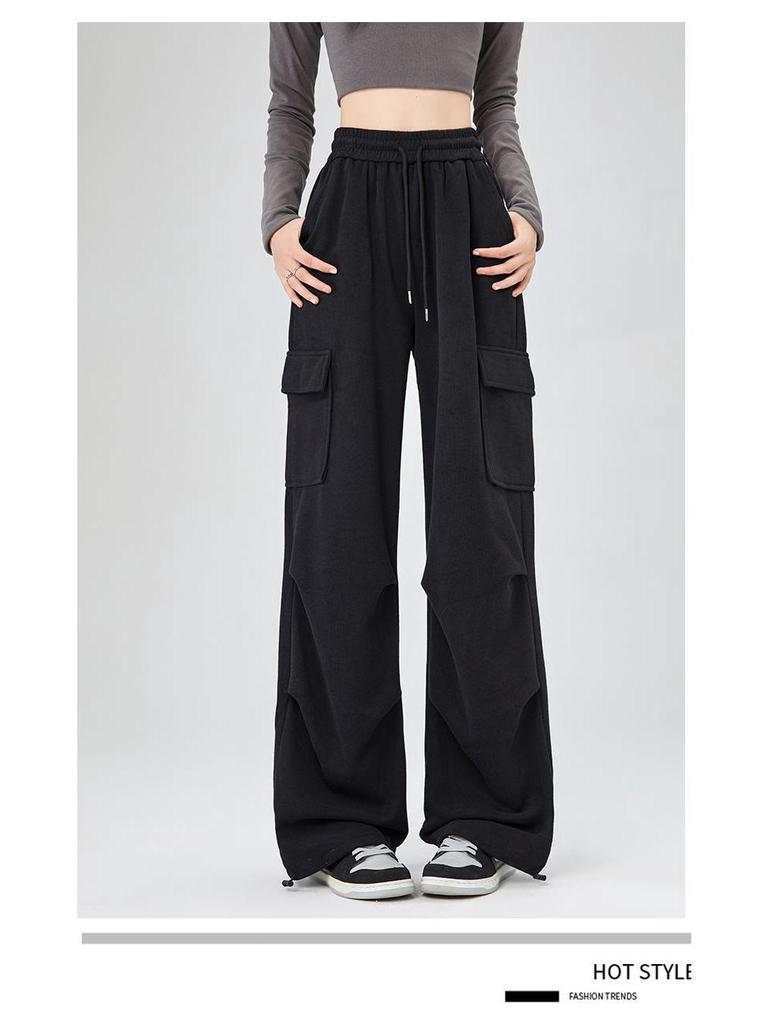 Women's Light Grey High-Waisted Strappy Overalls - Spring/Autumn Wide-Leg Pants with Large Pockets, Casual Sportswear