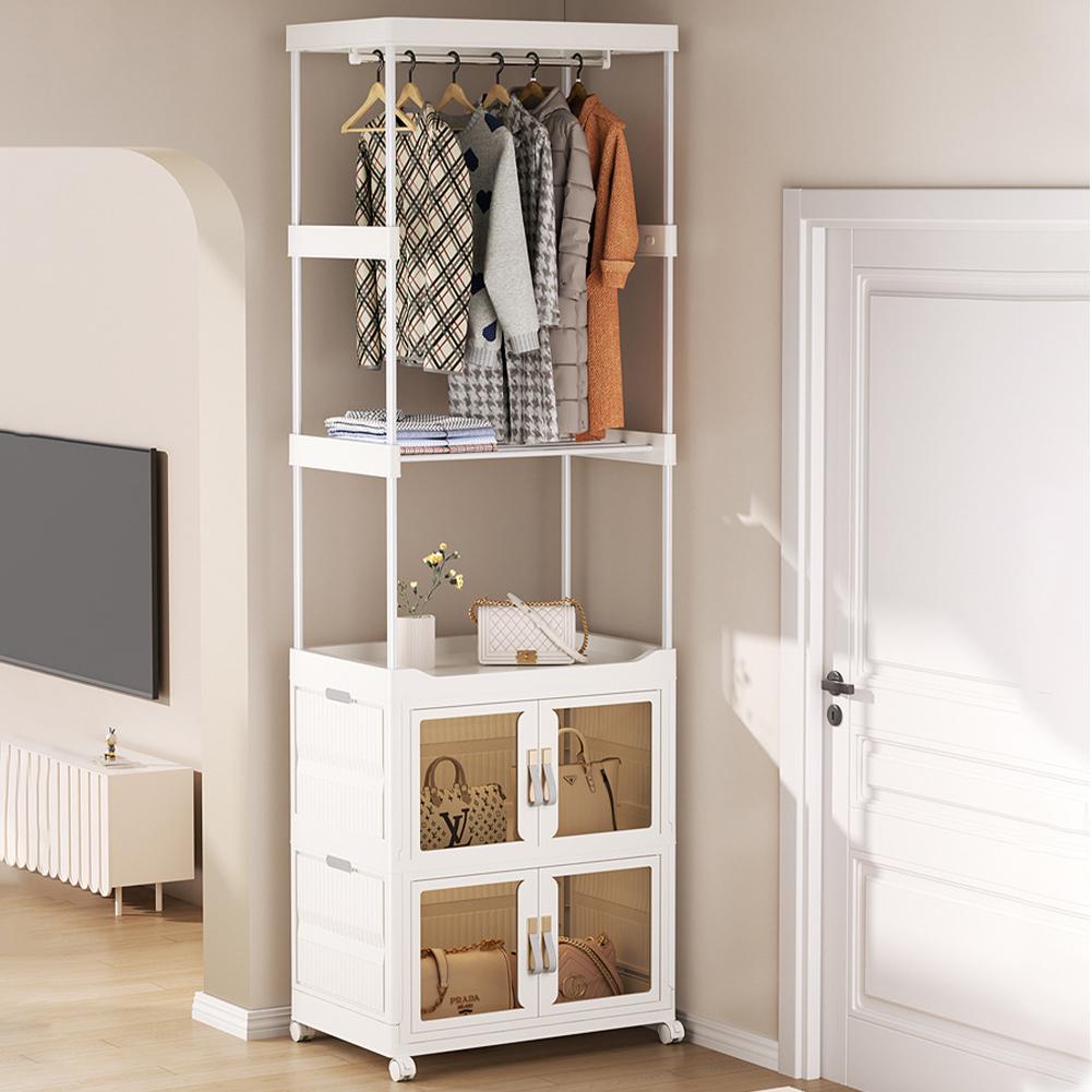 Mobile Wardrobe Clothes Organizer with Haging Rod & Cabinet Clothing Storage Shelf Wardrobe Closet Rack for Bedroom Living Room