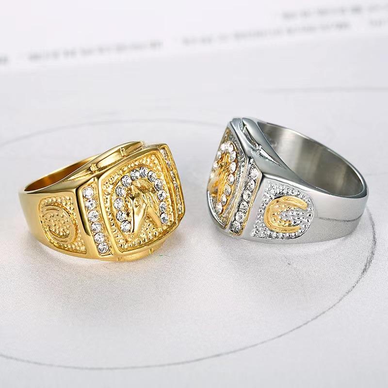 Hot Selling Hip Hop Jewelry Titanium Steel Gold Plated Diamond Inlaid Horse Head Men's Ring
