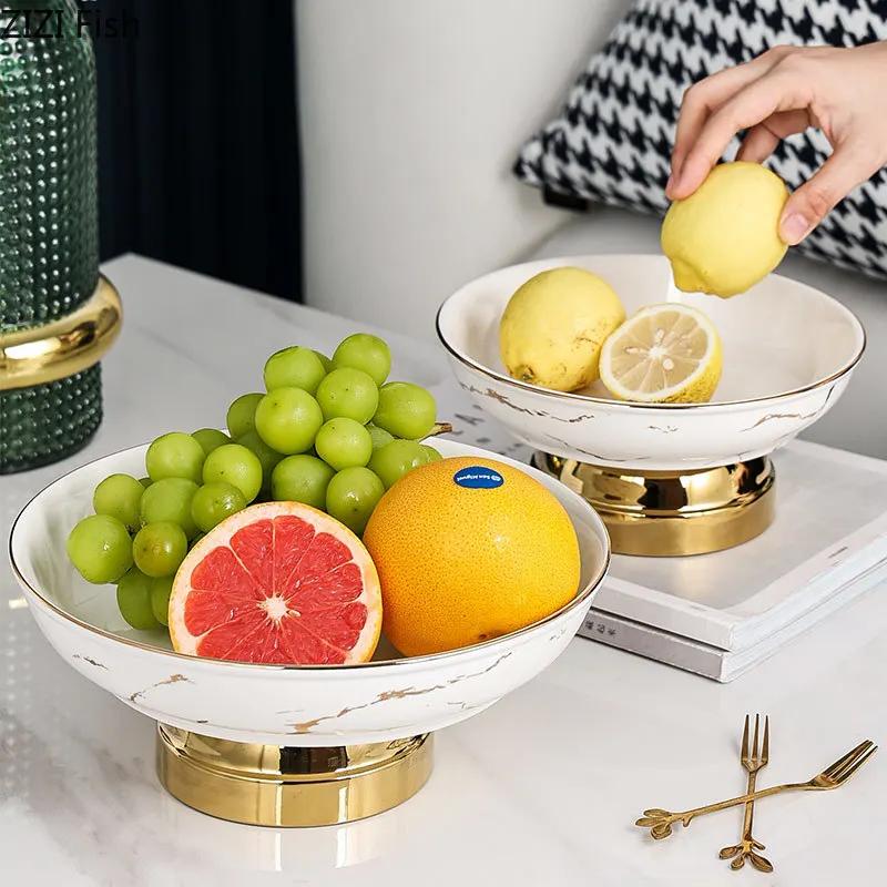 Imitation Marble Ceramic High-footed Fruit Plate Light Luxury Home Living Room Desktop Snack Dessert Plate Creative Tableware