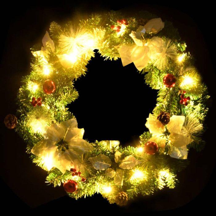 VidaXL Couronne de Noël avec lumières LED vert 60 cm PVC, couronnes, couronnes de Noël avec décoration, ornements de 321516
