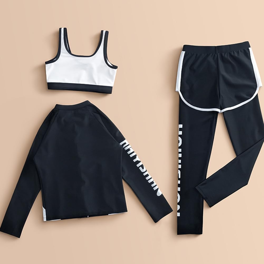 Yolrky Junior Girls' Fitness Swimsuit, Long Sleeve, Separate 3-Piece Set, Kids' Swimsuit, Rash Guard, School Swimsuit (160)