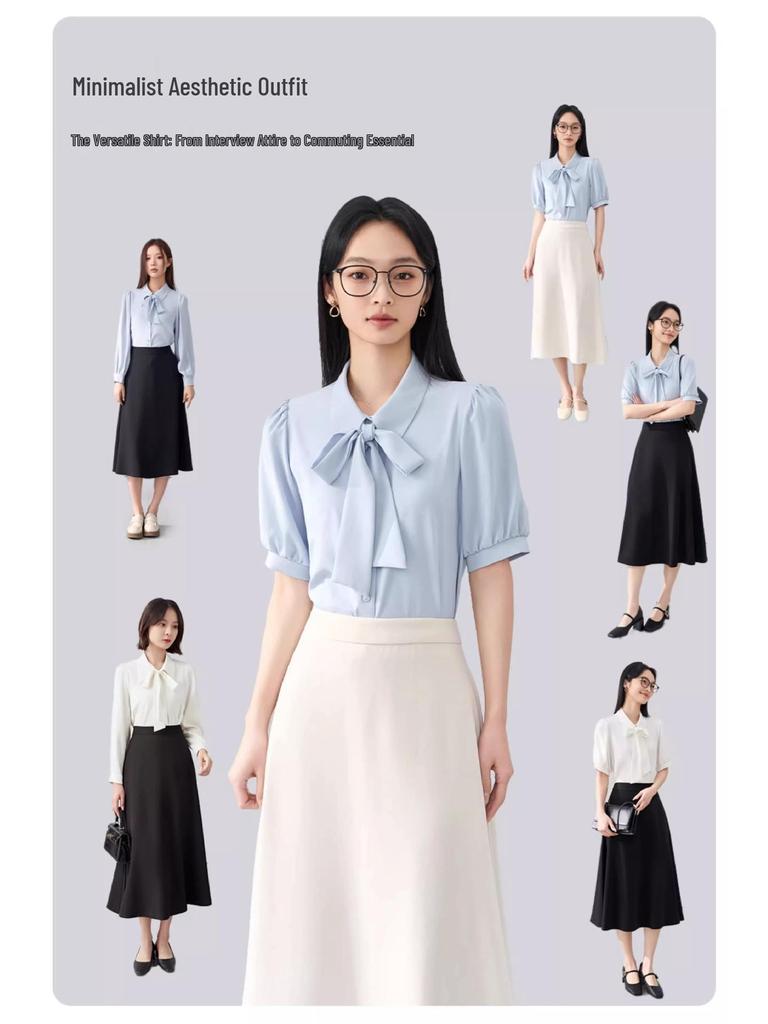 White Bow Short-Sleeve Women's Chiffon Top - Perfect for Professional Summer Wear and Interviews