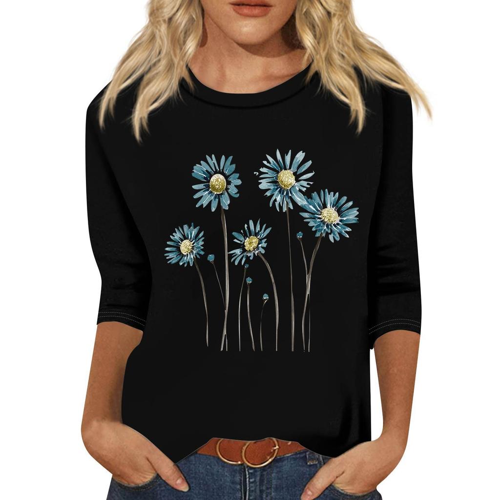 Women's Fashion Loose Casual Seven 3/4 Sleeve Printed Round Neck Pullover Top