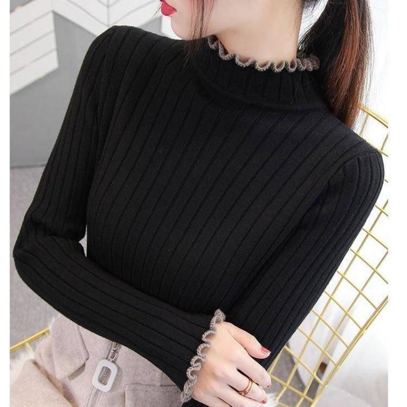 Höst och vinter ny enfärgad öronkant i trä halvhög hals inuti tröjan damtröja Smal tunn stickad bottentröja