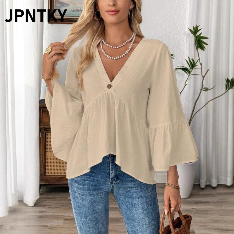 JPNTKY Damenmode Lässige Langarm V-Ausschnitt Blusen & Hemden