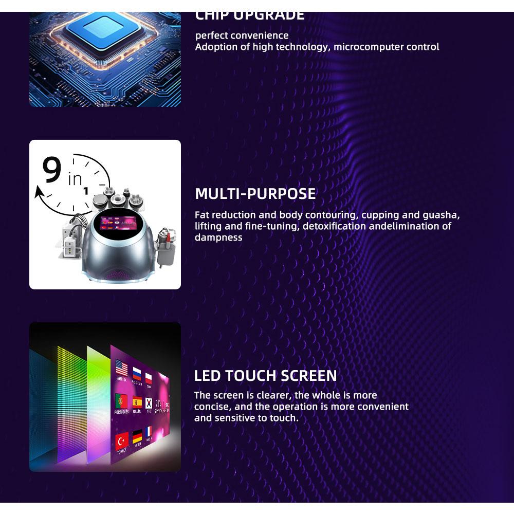 9-in-1 40kHz Cavitation 0.5MHz RF Laser 9 Heads LED Touchscreen Air Cooled 110V-220V AC Salon Body Contouring