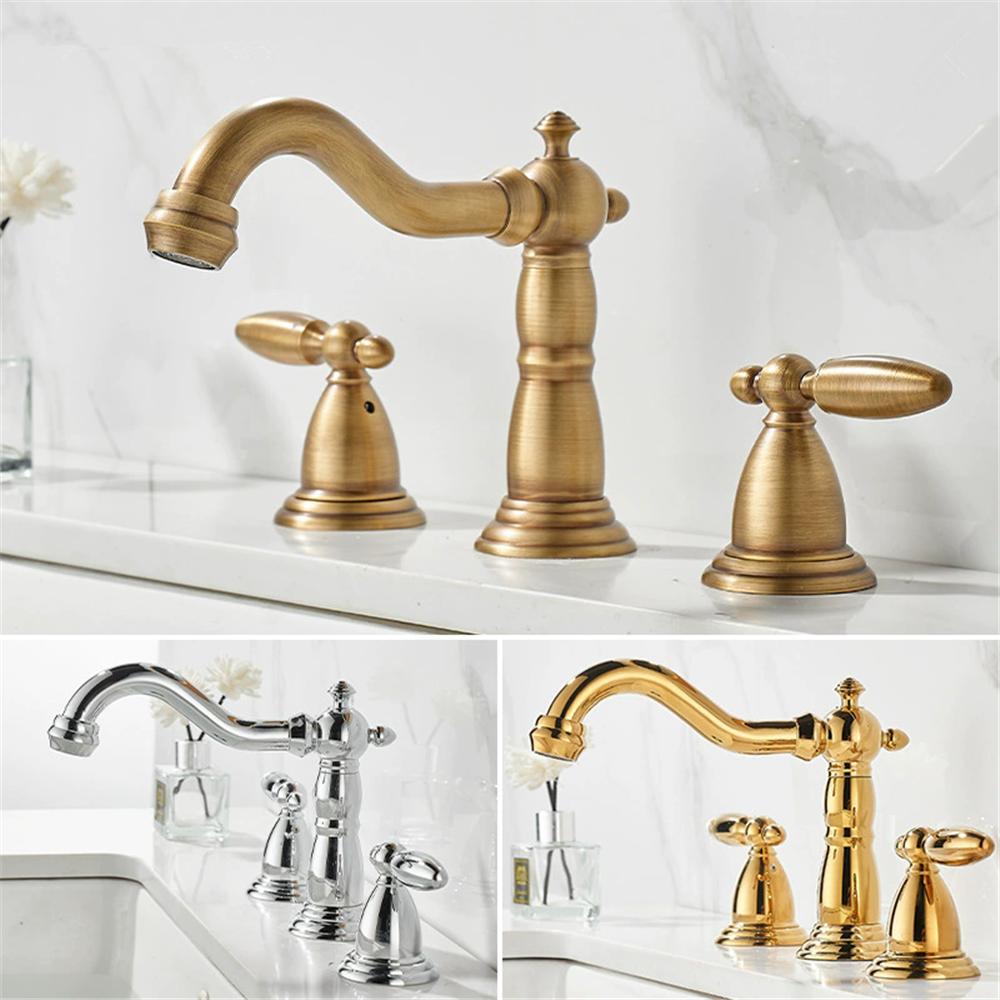 Tuqiu Gold Bathroom Faucet Widespread Antique Sink Tap Brass Bathroom Sink Faucet 3 Hole Brass Chrome Hot Cold Water Tap