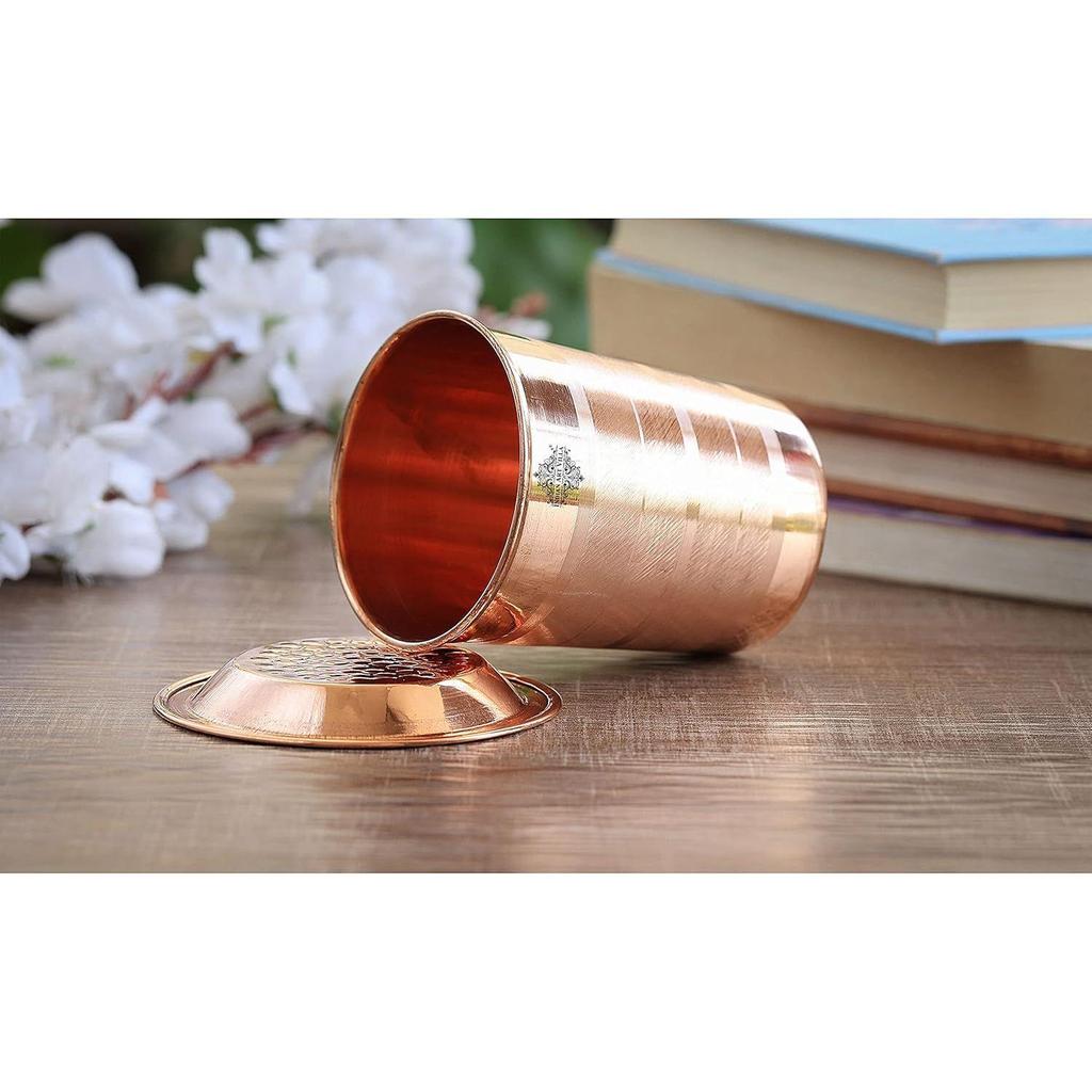 Copper Glass Tumbler Cup with Lid Set, Drinkware Home Restaurant, Yoga Ayurveda, 300 ML Each, 2 Pieces