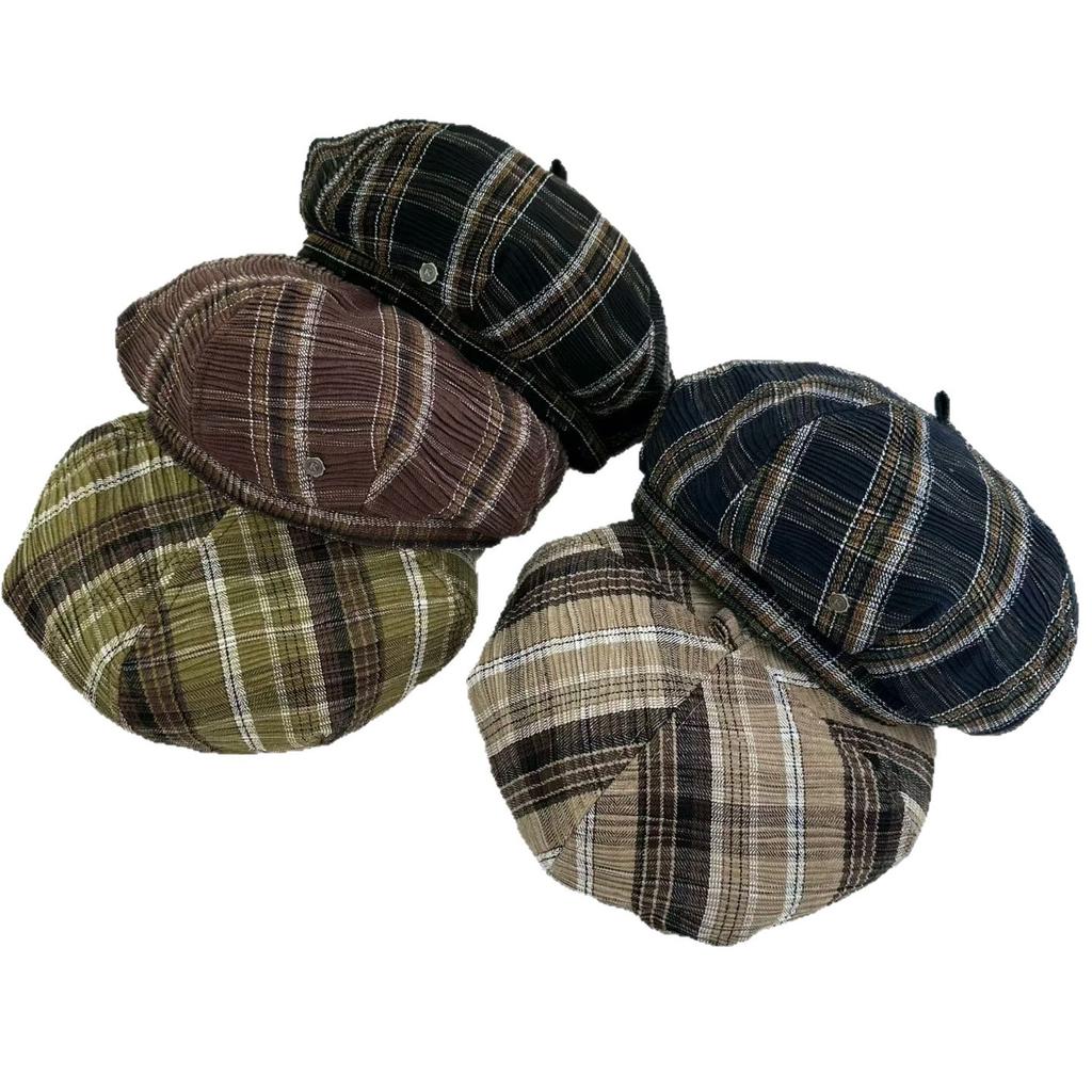 Retro Plaid Pumpkin Hat Octagonal Hat Shows a Small Face, New Versatile Big Version Newsboy Hat Beret Spring and Summer
