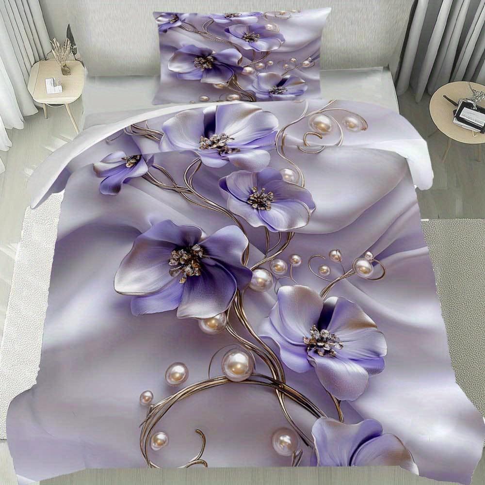 3-teiliges Hellviolettes Bettwäscheset Perlenblumen-Druck Gemütlicher Bettbezug King Queen Twin Größe Geburtstagsgeschenk für Erwachsene Schlafzimmerdeko