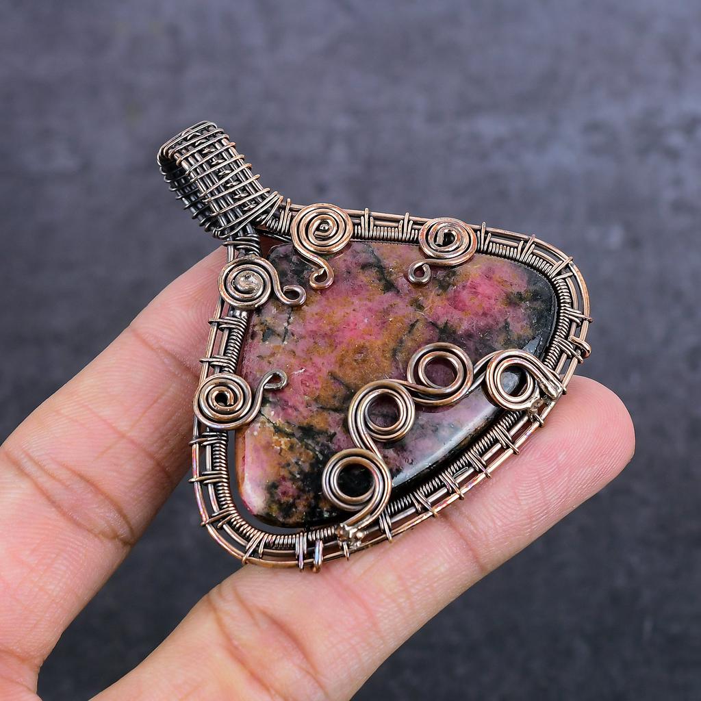 Natural Rhodonite Gemstone Handmade Copper Wire Wrap Jewelry Pendant 2.52" F8m52