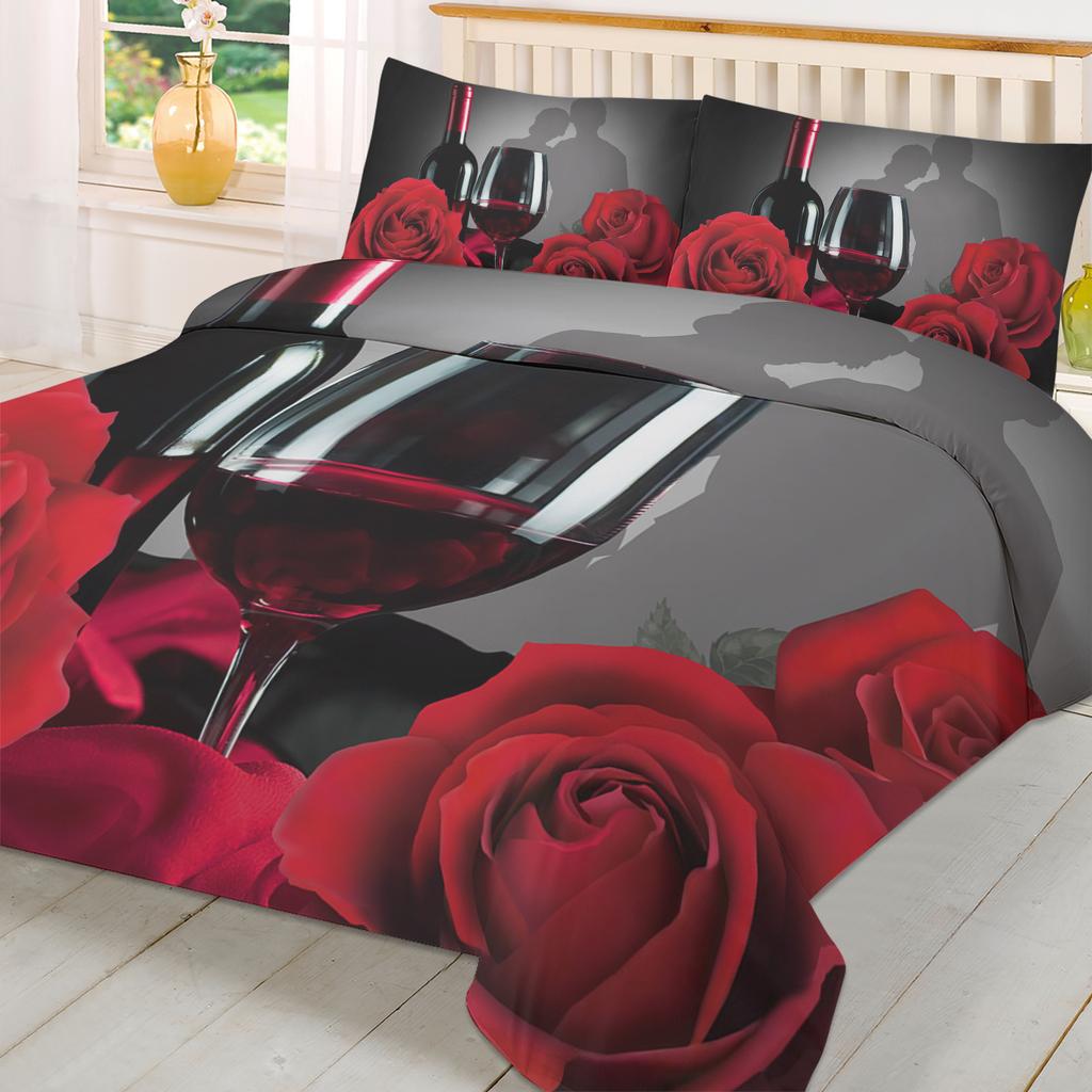 Valentine'S Day Rose Flower Red Wine 3pcs Bedding Set For Double Bed Home Textile Duvet Cover Quilt Cover Pillowcase
