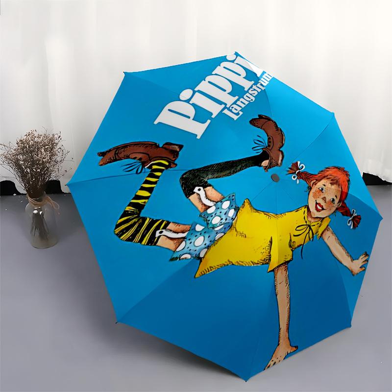 Pippi Langstrumpf Themen-ReiseregenSchirm - 8 Rippen, Automatisches Öffnen und Schließen, Tragbares FaltDesign, Kompakter und Stilvoller Schirm Geeignet