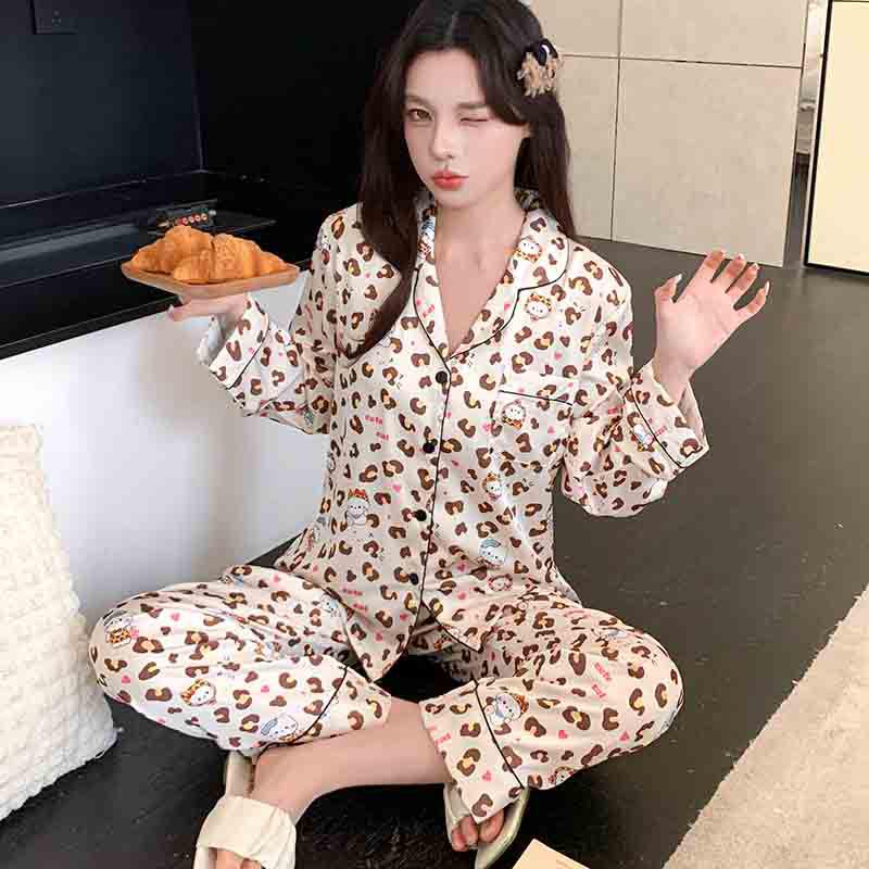 

Women s Leopard Print Pajama Set - Long Sleeve Cartoon Cardigan, Korean Style for Spring and Autumn L