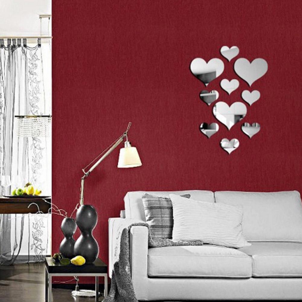 10PCS Heart Shaped Mirror Wall Sticker 3D Mirror Art Decor DIY Wall Decoration