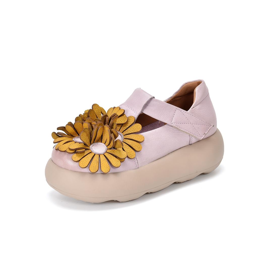 Johnature Ethnic Style Flower Thick Soled Sandals Genuine Leather Versatile Women's Platform Shoes