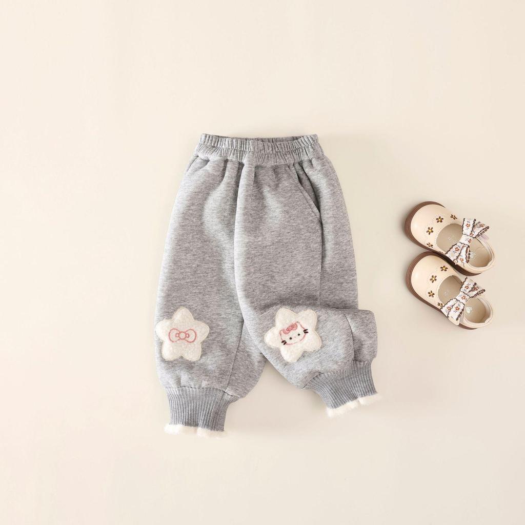 Girls' Winter Velvet-Lined Trousers – Thick, Cuffed, Cartoon Design, Warm Sweatpants for Autumn/Winter.