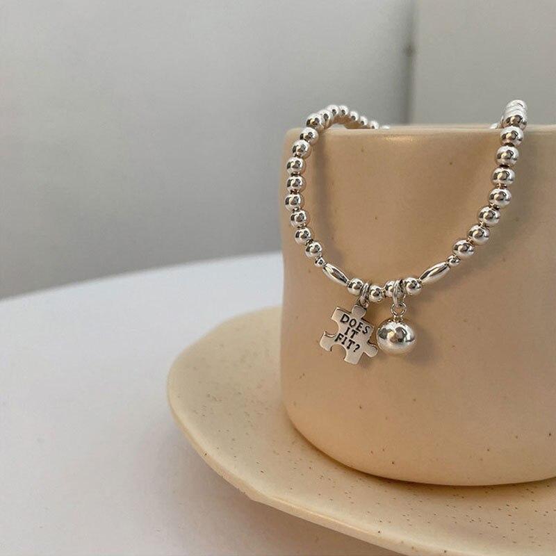 925 Sterling Silver Letter Ball Beads Elastic Chain Bracelet For Women Simple Korea Hand Jewelry