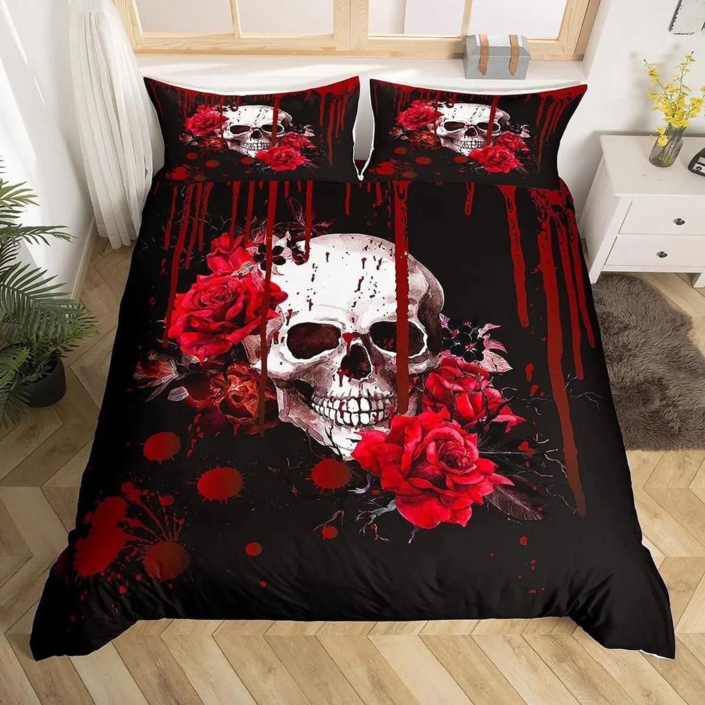 Sugar Skull Duvet Cover Colorful Vintage Floral Bedding Set Hippie Mexico Style Comforter Cover Gothic Skeleton Quilt Cover