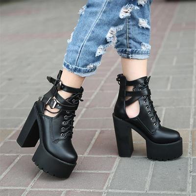 Sexy Buckle Womens Nightclub Shoes High Heels Hollow Out Ankle Boots Platform Heels Gothic Black Leather Short Boots Lady