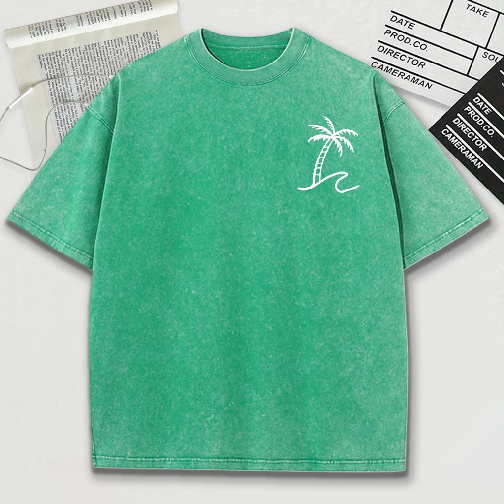 Simplified Coconut Tree Print Snow Wash Men Tee Shirts Summer Breathable O-Neck T Shirt Soft Washed Clothes Short Sleeve