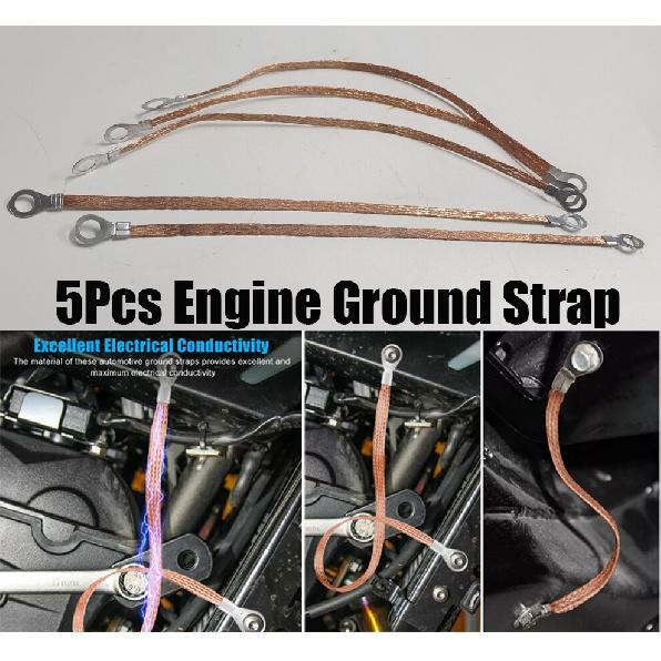 5*Automotive Copper Braided Cable Engine Ground Strap Universal For Cars Trucks