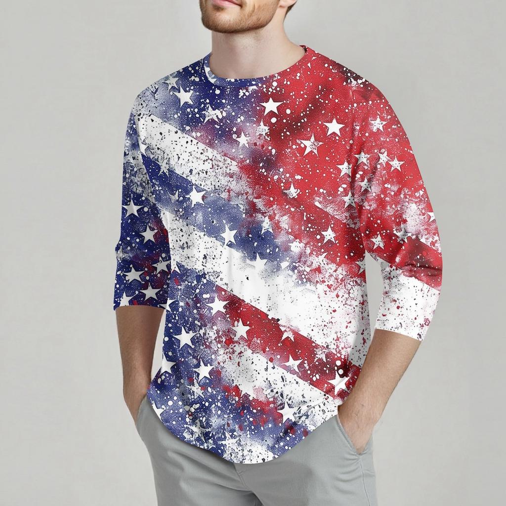 Men's Fashion Casual Independence Day Print Neck Seven-point Sleeve Top T-shirt