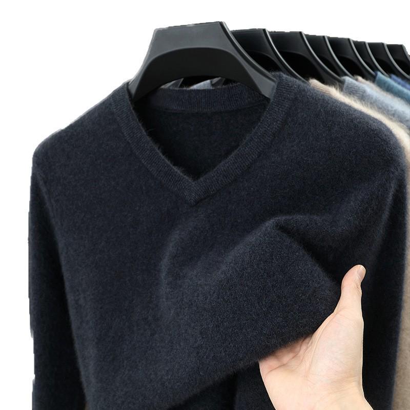 High-End Cashmere Thick V-Neck Wool Sweater for Men: Middle-Aged & Young, Warm Knitted Pullover